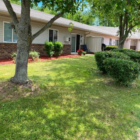 a yard in front of a house with a tree